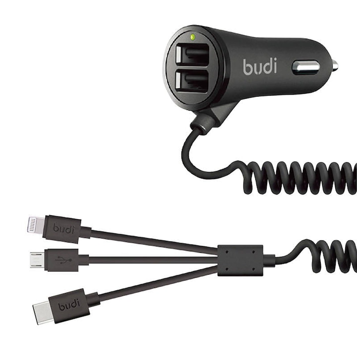 Зарядно за кола, Budi, LED, Micro USB кабел, Черно
