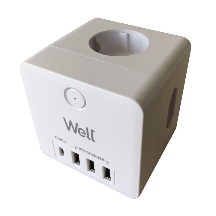 Adaptor priza Well, 4 prize, 3xUSB, 1xUSB-C PD20W, Alb