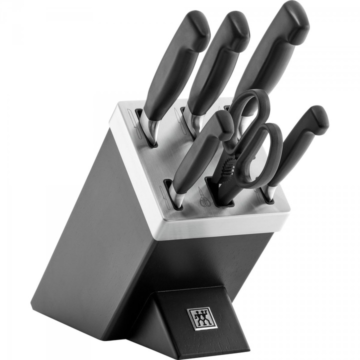 Set 5 cutite, Zwilling, Inox, Cu ascutitor si foarfeca, Negru/Argintiu