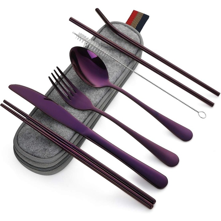 Set tacamuri, QttvbTna, Inox, 8 piese, Cutie depozitare, Mov / Gri