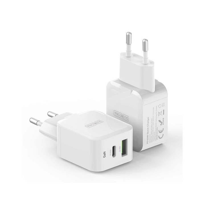 Incarcator de perete Duzzona (T7) - Dual Port GaN, USB, Type-C, Fast 30W, Alb