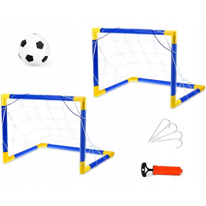 Set 2 porti de fotbal cu Minge SOLTOY® Soccer Goal 2in1, posibilitate extindere poarta, pompa pentru umflat, plasa pentru porti si carlige fixare