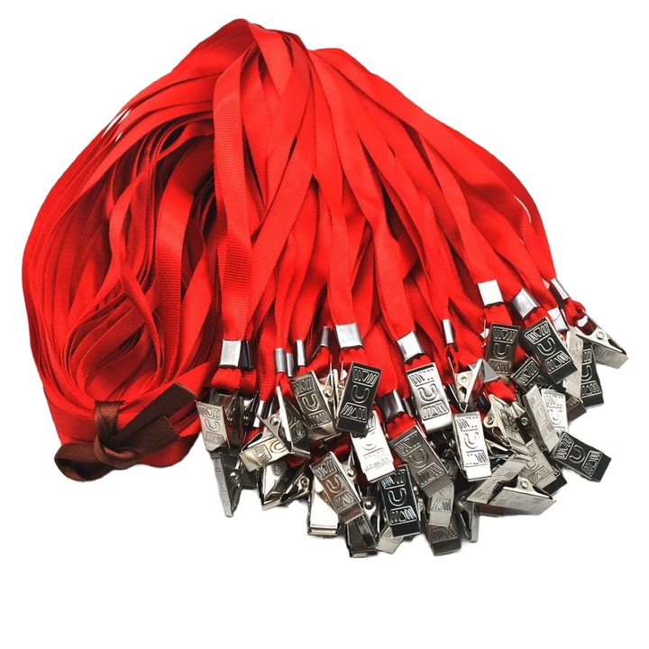 Snur textil pentru ecuson rosu, cu clips, FLR, 50 buc/set