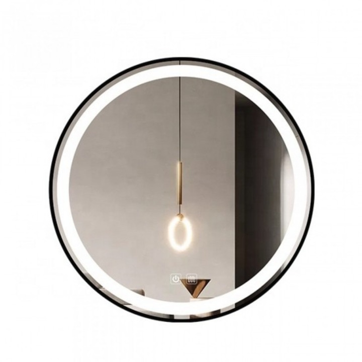 Oglinda Rotunda, 70cm, Iluminta, Functie Dezaburire, Rama Aluminiu Negru Mat, Led Touch