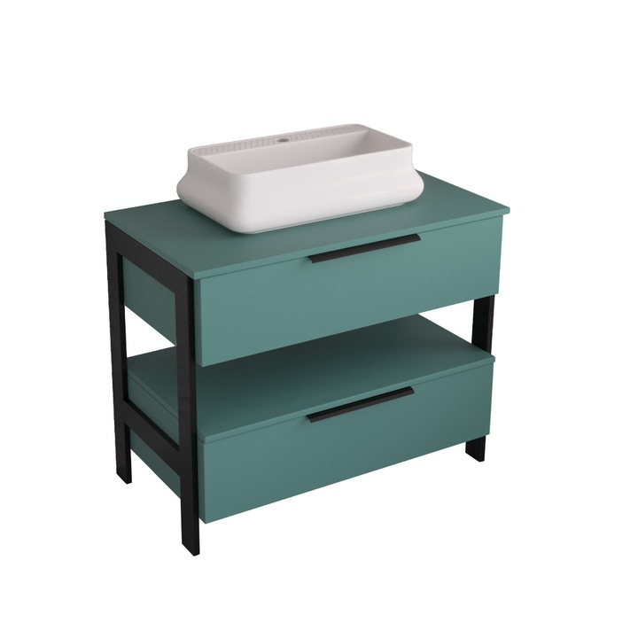 Set baza mobilier baie cu blat Sanitop Smart Rino 60 x 72 x 46 Verde soft inchis cu lavoar ceramic