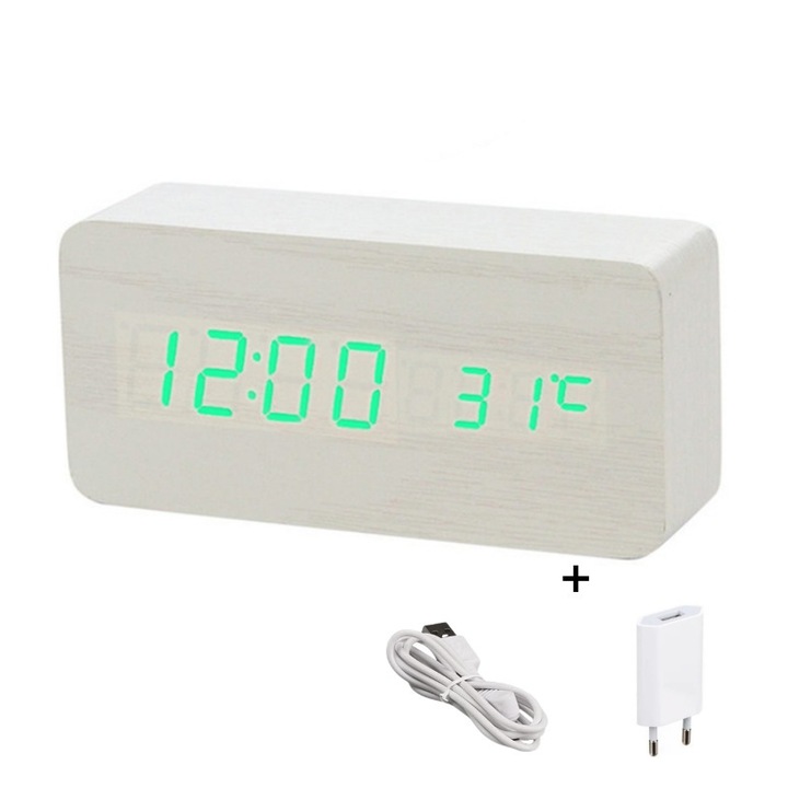 Ceas Electronic de Masa Alb cu LED Verde, Termometru si Alarma – Control Vocal, 3 Trepte de Lumina, Dimensiuni 15x7x4 cm, Adaptor Inclus