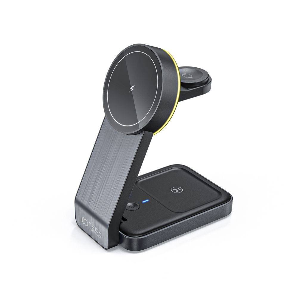 Incarcator Wireless 3 in 1 TECH-PROTECT A28, Magnetic MagSafe, 15W, Cablu USB-C 1m inclus, Negru