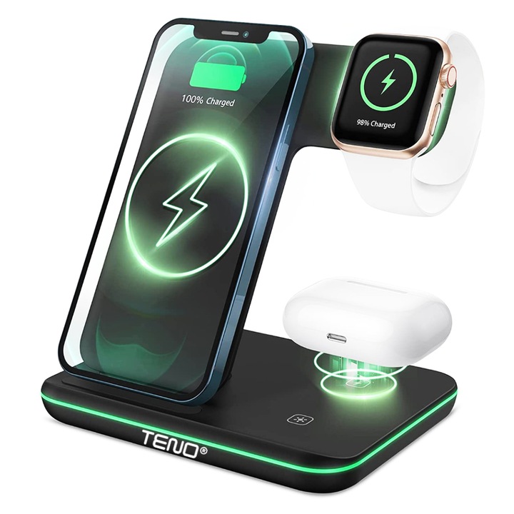 Incarcator Wireless Teno®, Statie de Incarcare 3in1, LED indicator inteligent, Fast Charge, incarcare rapida, compatibilitate universala, negru