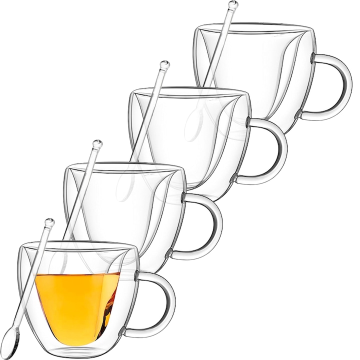 Комплект от 4 чаши с двойни стени и 4 чаени лъжички, Quasar & Co., 250 ml, вътрешна форма на сърце, топлоустойчив, прозрачен