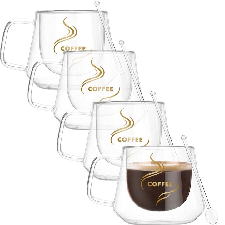 Set 4 cesti cafea cu pereti dubli cu 4 lingurite, Quasar & Co.®, 200 ml, termorezistenta, model rotund, mesaj COFFEE, transparent