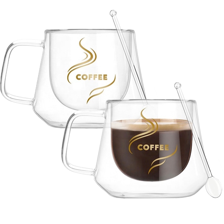 Комплект от 2 чаши двустенно кафе с 2 чаени лъжички, Quasar & Co., 200 ml, топлоустойчив, кръгъл модел, COFFEE съобщение, прозрачен