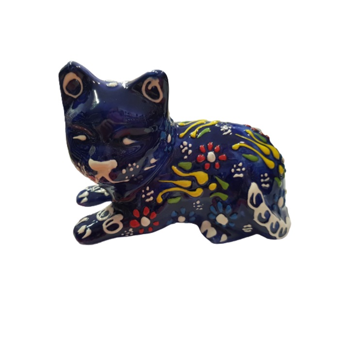 Ahelos figura, Macska, Kézzel készített, Kerámia, Kék, 21x10x6 cm