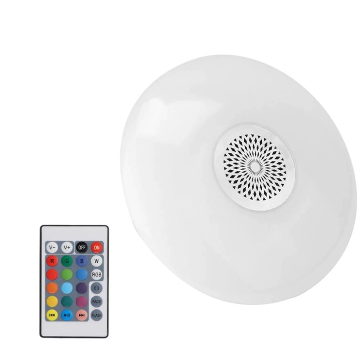 Lampa muzicala led RGB si alb, bluetooth, cu telecomanda, E27, Soleil World, 22 cm, 24 w, difuzor incorporat