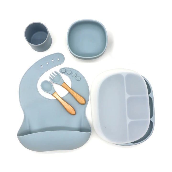 Силиконов комплект за хранене за бебета, Mamefericite, лигавник, купа с вендуза, преградна чиния, лъжица и вилица, стъкло, без алергени, Син