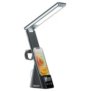 Lampa de Birou, Doerr, 4 in1, Lumina cald/rece, Cu incarcator Wireless, Fast Charge15W, Ceas, Suport Ceas, Compatibil Samsung, Apple, Huawei, Negru