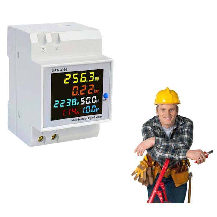 Contor monofazat de energie electrica, Multimetru, Doerr, 6 in 1, LCD HD display, Functie resetare, 40-300V, 100A, Masurare si Control, Tensiune, Intensitate curent electric, Consumul de energie, Frecventa, Puterea, Alb