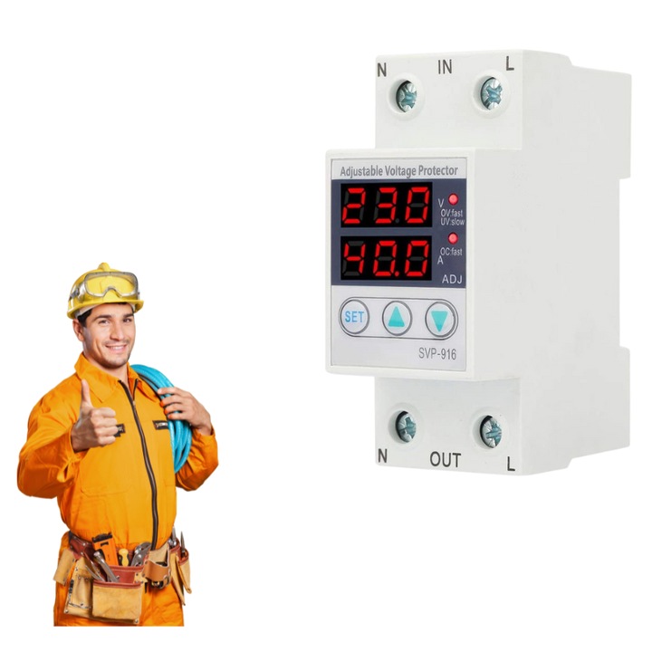 Releu de protectie tensiune 40A, Protectie supratensiune, Protectie subtensiune, Monitorizare tensiune, Doerr, Smart, Digital, Monofazat, Recuperare automata, Alb