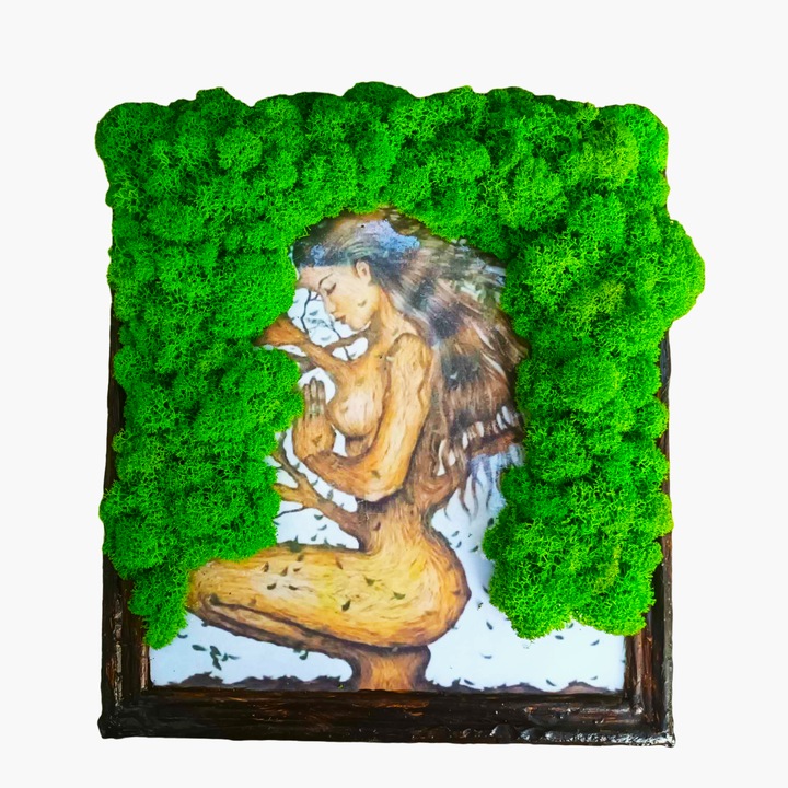 Decoratiune pentru interior, tablou cu licheni, copacul vietii trunchi-femeie, 25x23 cm, verde