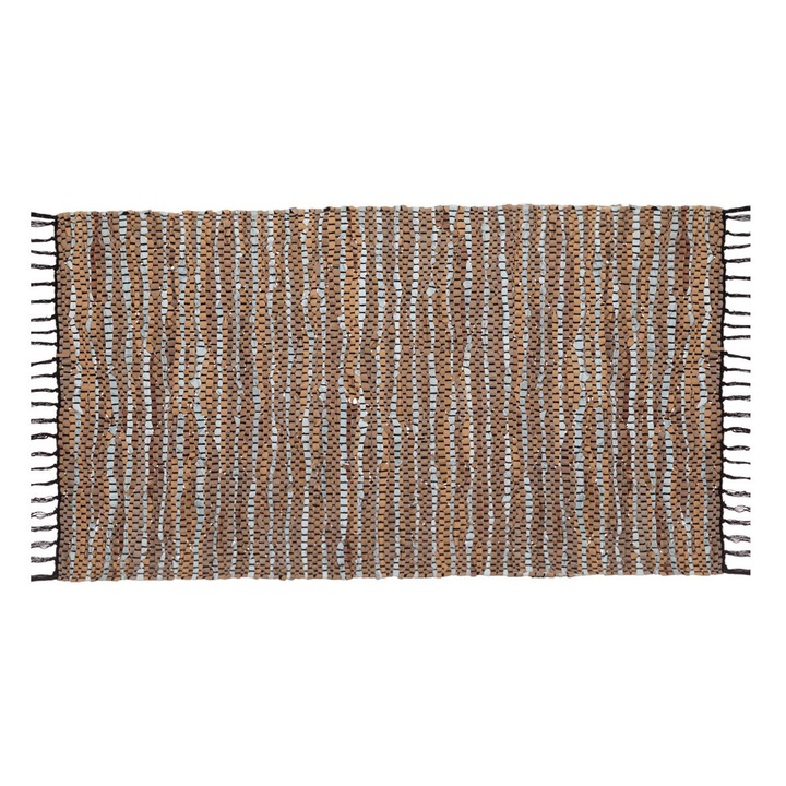 Bőr szőnyeg, rojtokkal, csíkos mintával, bézs/barna, 70x130cm