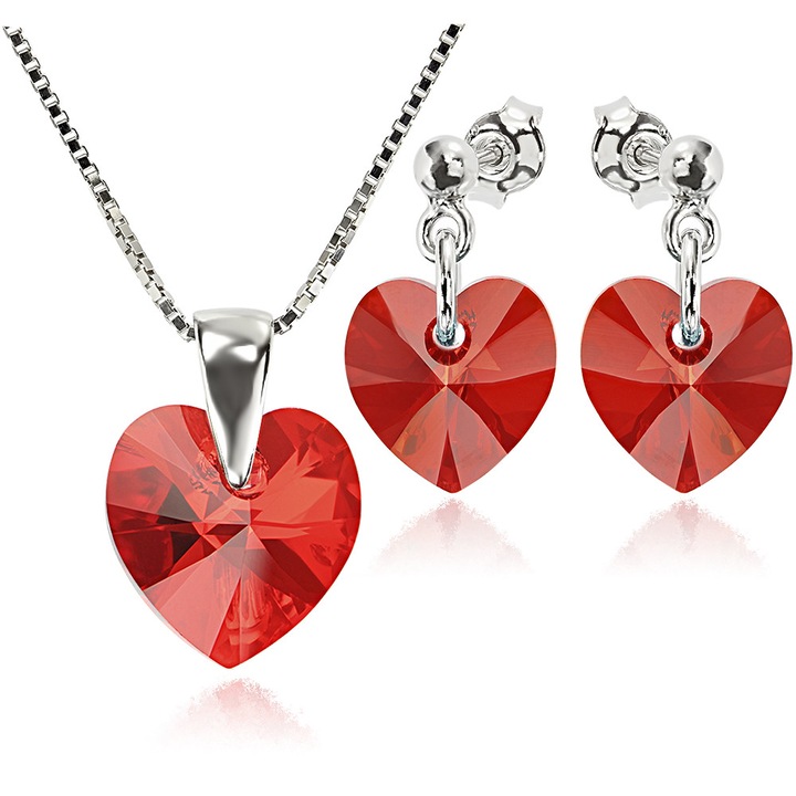 Set Argint 925 placat cu rodiu cu cristale Swarovski® Heart Light Siam 10 mm Surub + Lant