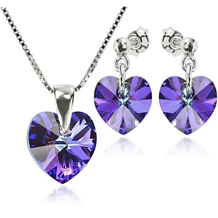 Set Argint 925 placat cu rodiu cu cristale Swarovski® Heart Heliotrope 10 mm Surub + Lant