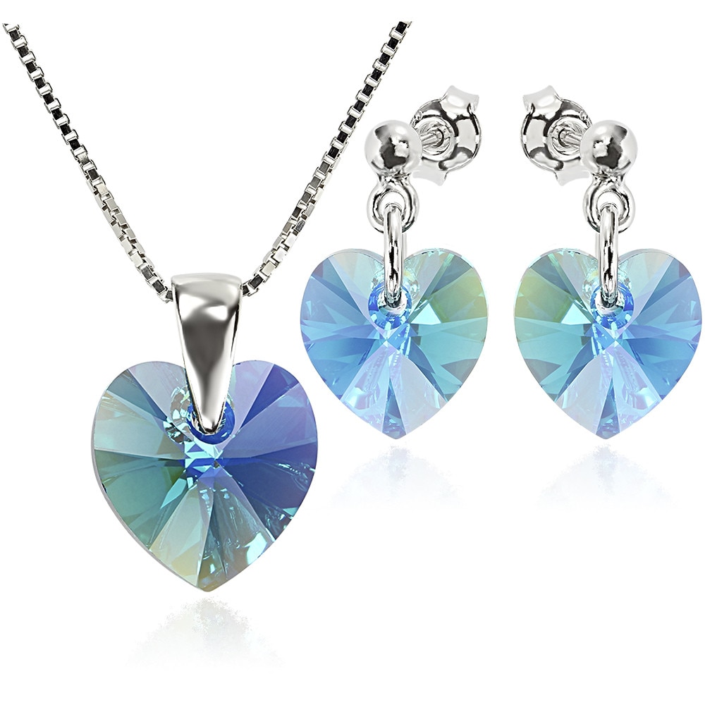 Set Argint 925 placat cu rodiu cu cristale Swarovski® Heart Aquamarine AB 10 mm Surub + Lant