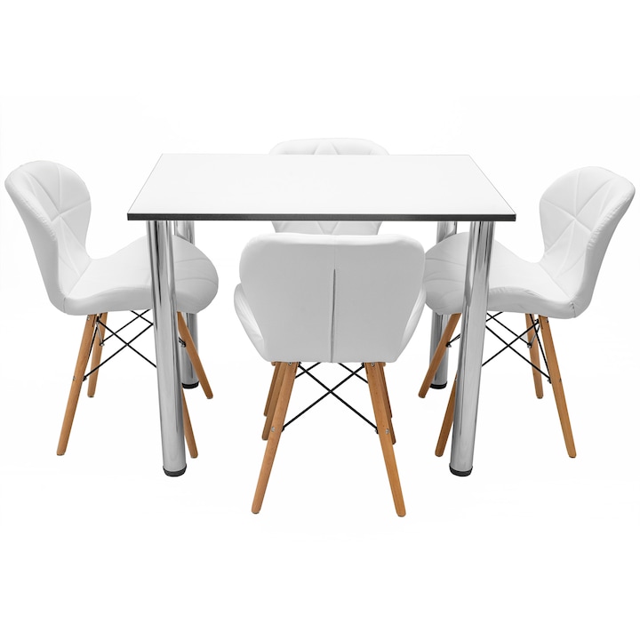 Set masa cu 4 scaune Oslo alb, DENVER, blat pal alb, cant abs negru, forma dreptunghiulara, 90x64x73 cm