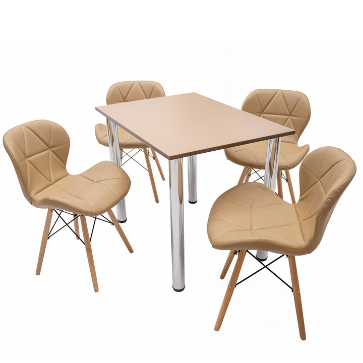 Set masa cu 4 scaune Oslo cappuccino, DENVER, blat pal cappuccino, cant abs maro, forma dreptunghiulara, 90x64x73 cm