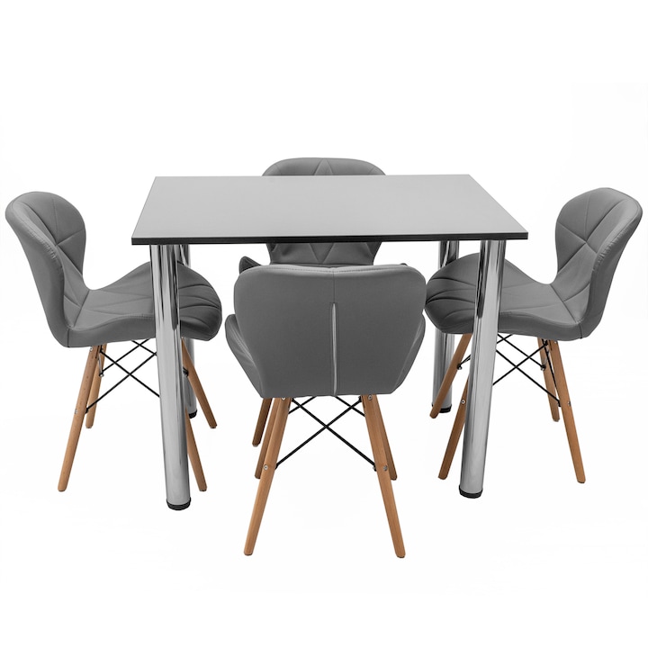 Set masa cu 4 scaune Oslo gri, DENVER, blat pal gri, cant abs negru, forma dreptunghiulara, 90x64x73 cm