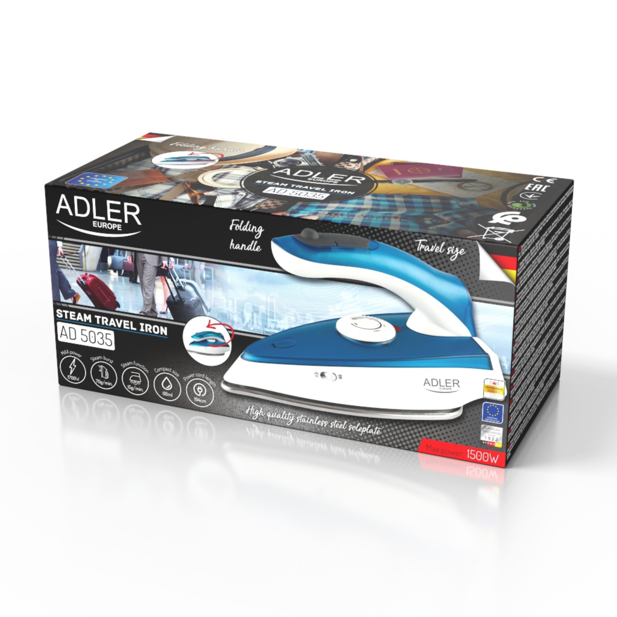 Fier De Calcat, Adler, AD5035, Putere 1700W, Impuls Aburi 70G/Min, Abur 15G/Min, Maner Pliabil, Dimensiuni 19.5x9x8.5 cm
