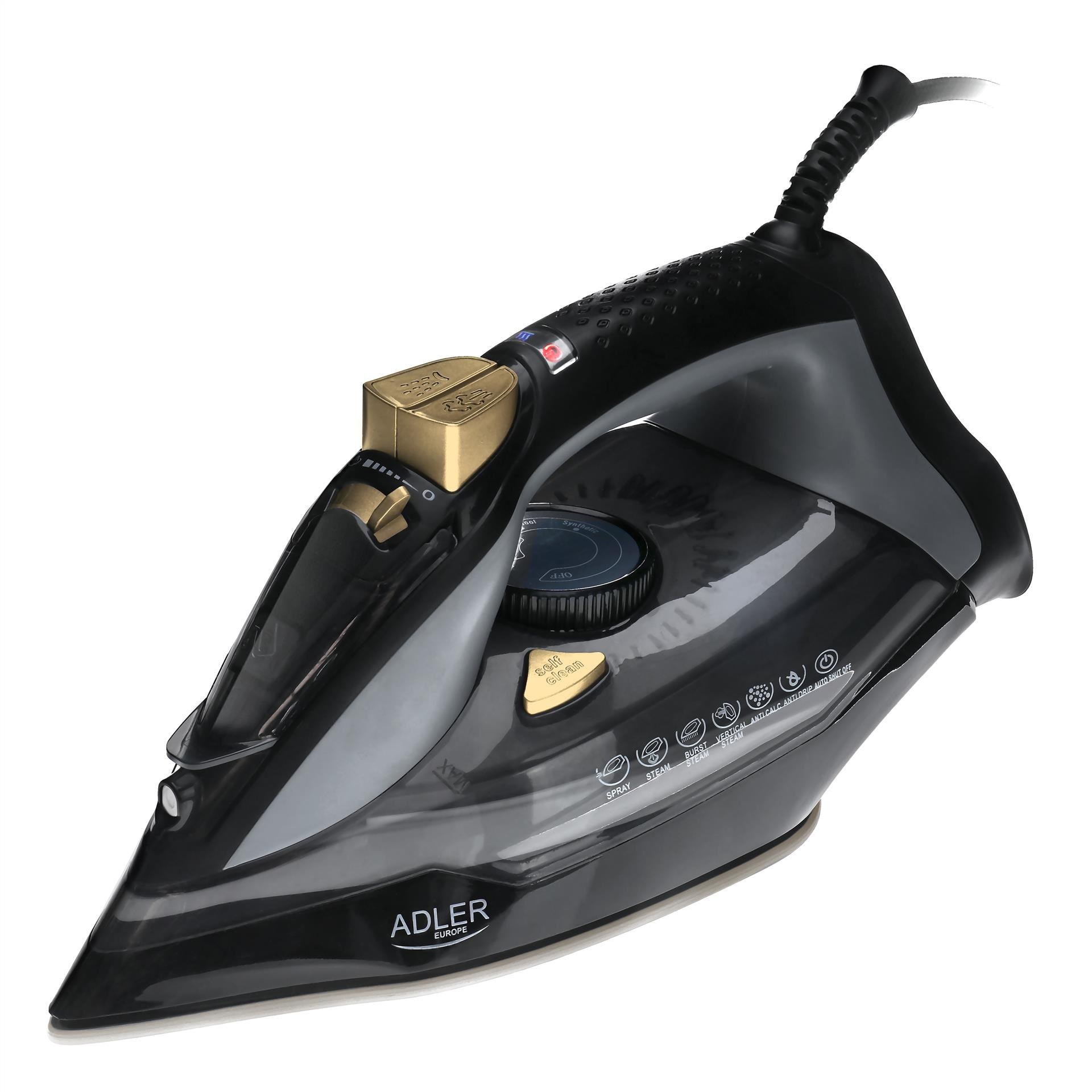 Fier de Calcat cu Abur, Adler, AD 5038, 3000W, Talpa Ceramica, Oprire Automata, Autocuratare, Anti-Calc, Anti-Picurare, Jet Abur 80g/min, Calcare Verticala, Rezervor 350ml, Cablu 1.9m, Negru