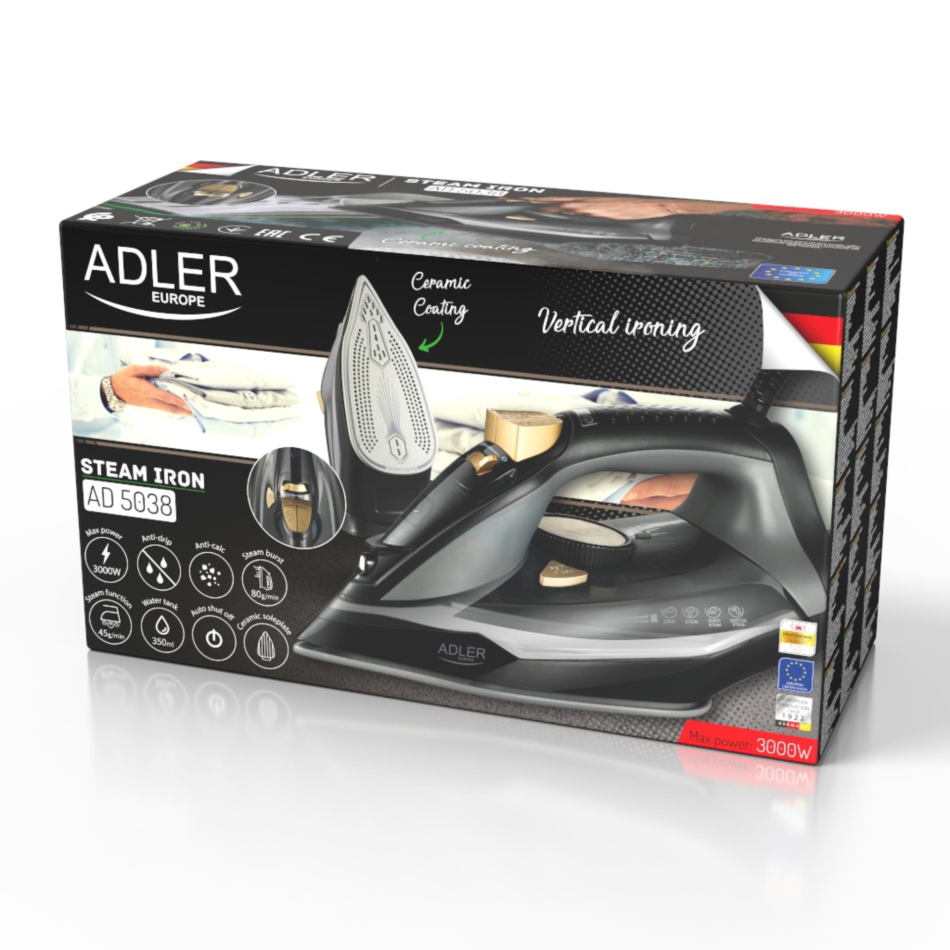 Fier de Calcat cu Abur, Adler, AD 5038, 3000W, Talpa Ceramica, Oprire Automata, Autocuratare, Anti-Calc, Anti-Picurare, Jet Abur 80g/min, Calcare Verticala, Rezervor 350ml, Cablu 1.9m, Negru