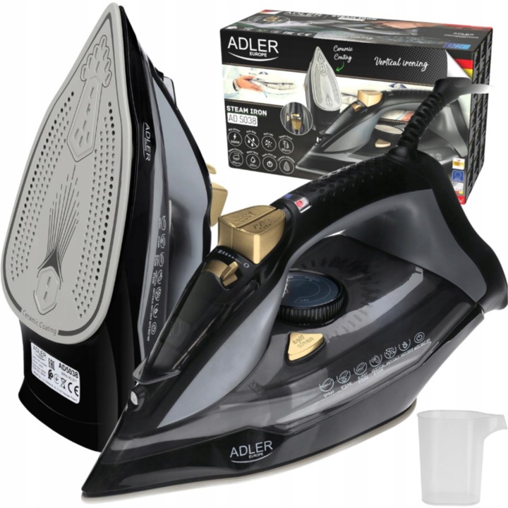 Fier de Calcat cu Abur, Adler, AD 5030, 3000W, Talpa Ceramica, Oprire Automata (Strazak), Autocuratare, Anti-Calc, Anti-Picurare, Jet Abur 80g/min, Calcare Verticala, Rezervor 350ml, Cablu 1.9m, Negru