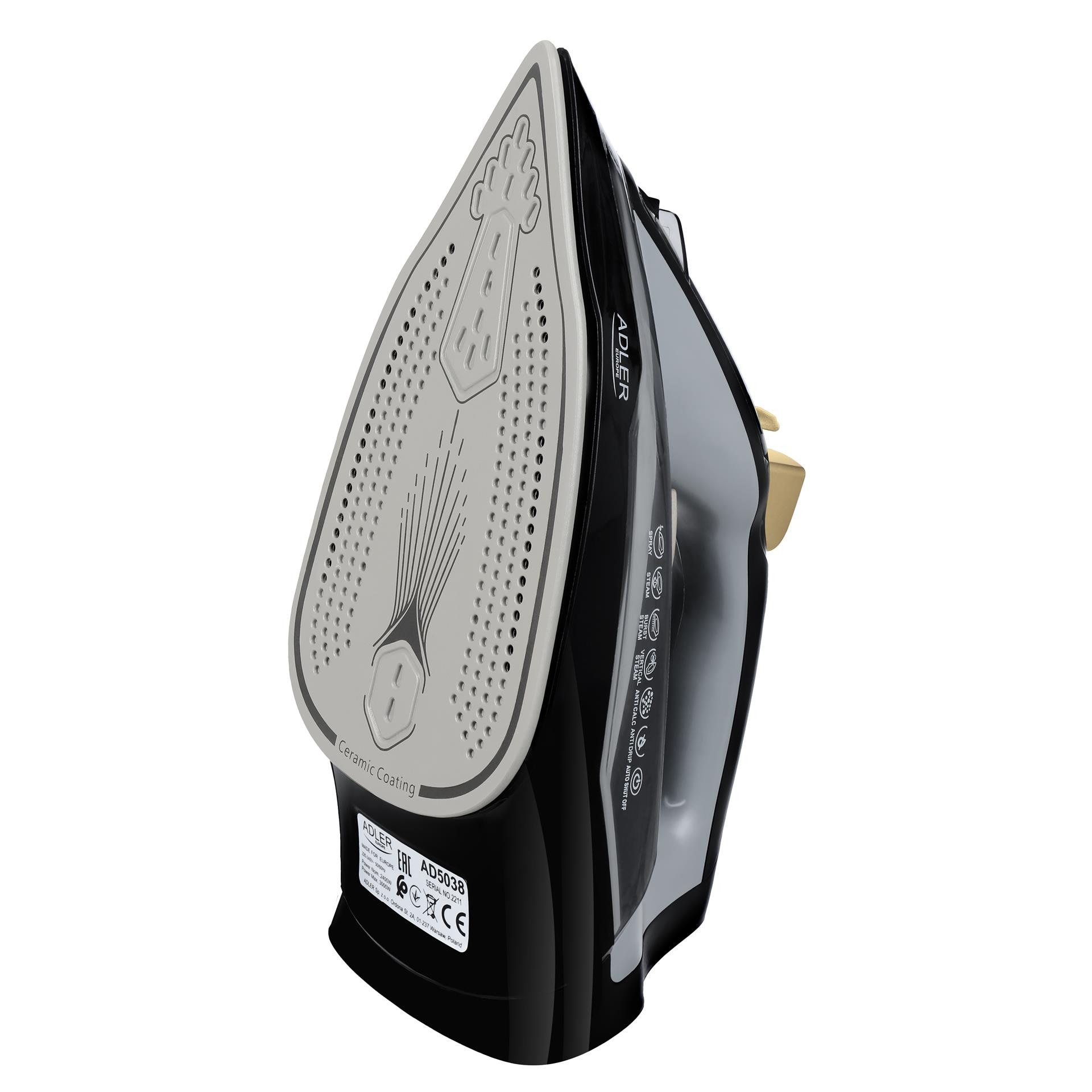 Fier de Calcat cu Abur, Adler, AD 5038, 3000W, Talpa Ceramica, Oprire Automata, Autocuratare, Anti-Calc, Anti-Picurare, Jet Abur 80g/min, Calcare Verticala, Rezervor 350ml, Cablu 1.9m, Negru