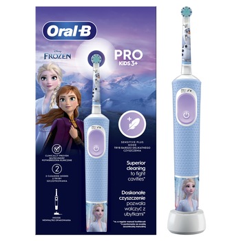 Periuta de dinti electrica Oral-B Pro Kids Frozen pentru copii, Curatare 2D, 2 programe, 1 capat, 4 autocolante, pentru 3+ ani, Albastru