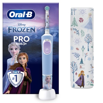 Periuta de dinti electrica Oral-B Pro Kids Frozen pentru copii, Curatare 2D, 2 programe, 1 capat, 4 autocolante, trusa de calatorie, Albastru