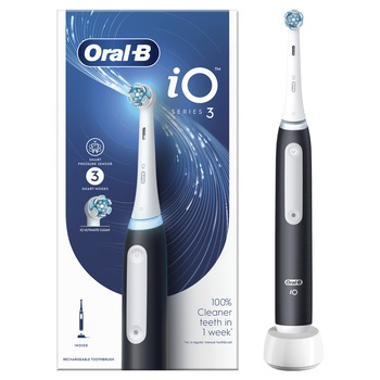 Periuta de dinti electrica Oral-B iO3 cu Tehnologie Magnetica si Micro-Vibratii, Senzor de presiune Smart, 3 moduri, 1 capat, Negru