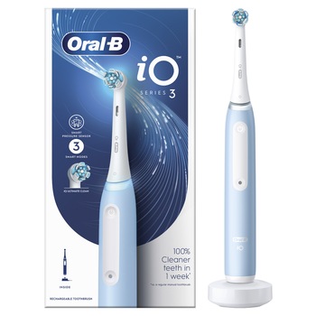 Periuta de dinti electrica Oral-B iO3 cu Tehnologie Magnetica si Micro-Vibratii, Senzor de presiune Smart, 3 moduri, 1 capat, albastru