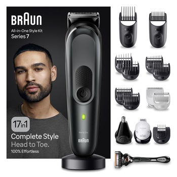 Aparat de tuns multifunctional Braun MGK7491, Wet&Dry, AutoSense, ProBlade, 17-in-1, 2 piepteni ficsi, 6 piepteni, 2 capete, 1 aparat de ras Gillette, autonomie 100 minute, Suport de incarcare, Organizator, Gri