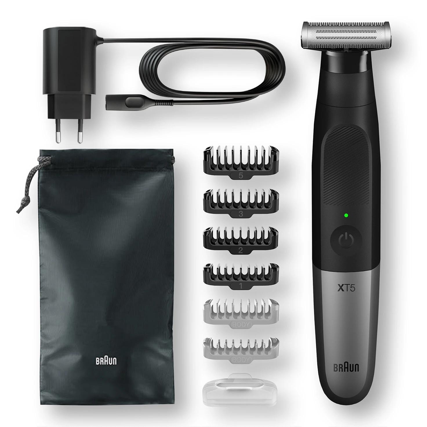 Aparat hibrid de barbierit si tuns barba Braun Series X XT5200 Wet&Dry, 5 piepteni, lama 4D, autonomie 45 min, functionare cu fir/fara fir, pieptene SkinGuard, negru/argintiu
