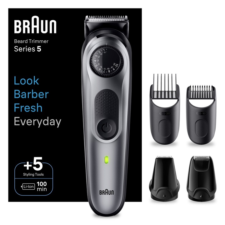 Aparat de tuns barba Braun Beard Trimmer BT5440, Wet&Dry, buton rotativ de precizie, 40 de setari pentru lungime, 1 mini-aparat de ras, 2 capete de tundere, 3 piepteni, autonomie 100 minute, Gri
