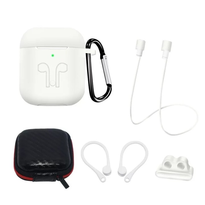 Set carcasa si accesorii Silicone compatibil cu Apple AirPods 1/2 White