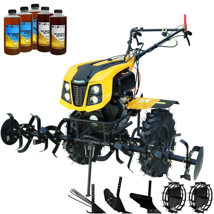 Motocultor ProGARDEN Campo 1273 Alpine, motor 12 CP, diesel, Euro V, 3 viteze, latime lucru 162 cm, roti 6.00-12, pornire electrica, 2 prize putere, roti metal, plug arat, rarita reglabila, plug cartofi, 5l ulei