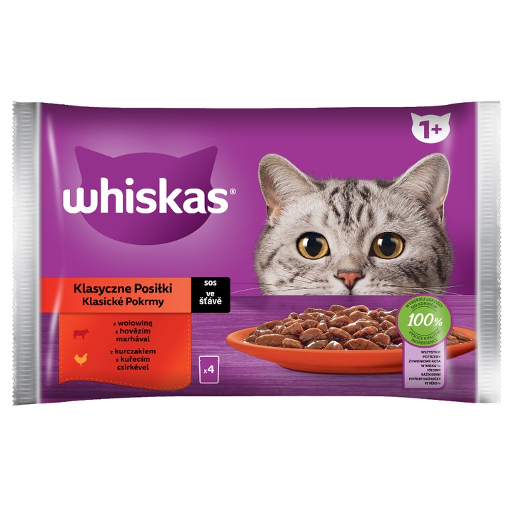 Hrana umeda pentru pisici adulte, Whiskas, Classic Meals, cu Vita/Pui, 4x85g
