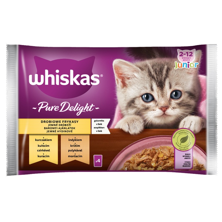 Hrana pentru pisici, Whiskas, Junior Poultry Fries, Bucati de pui si curcan in sos, 4x85g