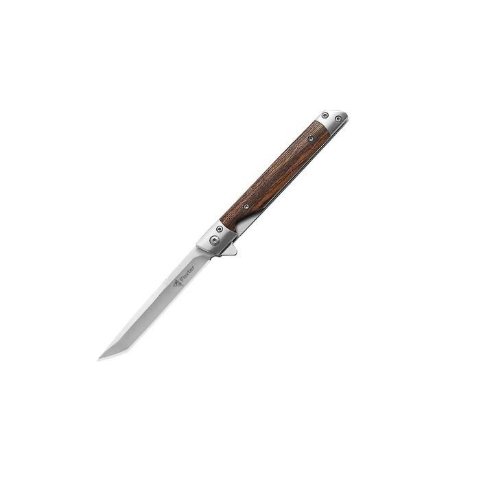 Briceag pentru vanatoare tactical, 21cm lungime, etui piele, lama otel, maner lemn, Argintiu