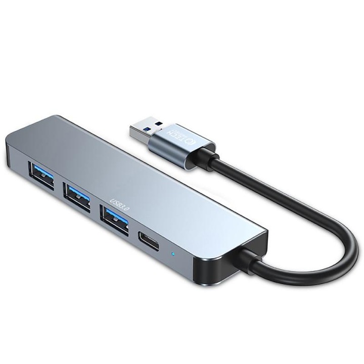 HUB адаптер от алуминий 5-в-1 Tech-Protect V0, USB - 3x USB 2.0, 1x USB 3.0, 1x USB Type-C, Сив