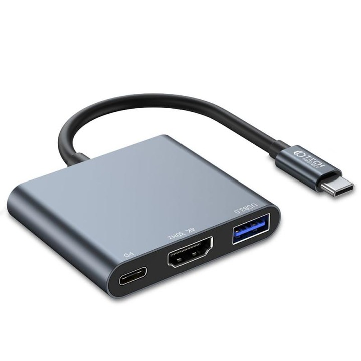 3-в-1 алуминиев HUB адаптер Tech-Protect V1, USB Type-C - 1x USB 3.0, 1x USB Type-C, 1x HDMI, сив