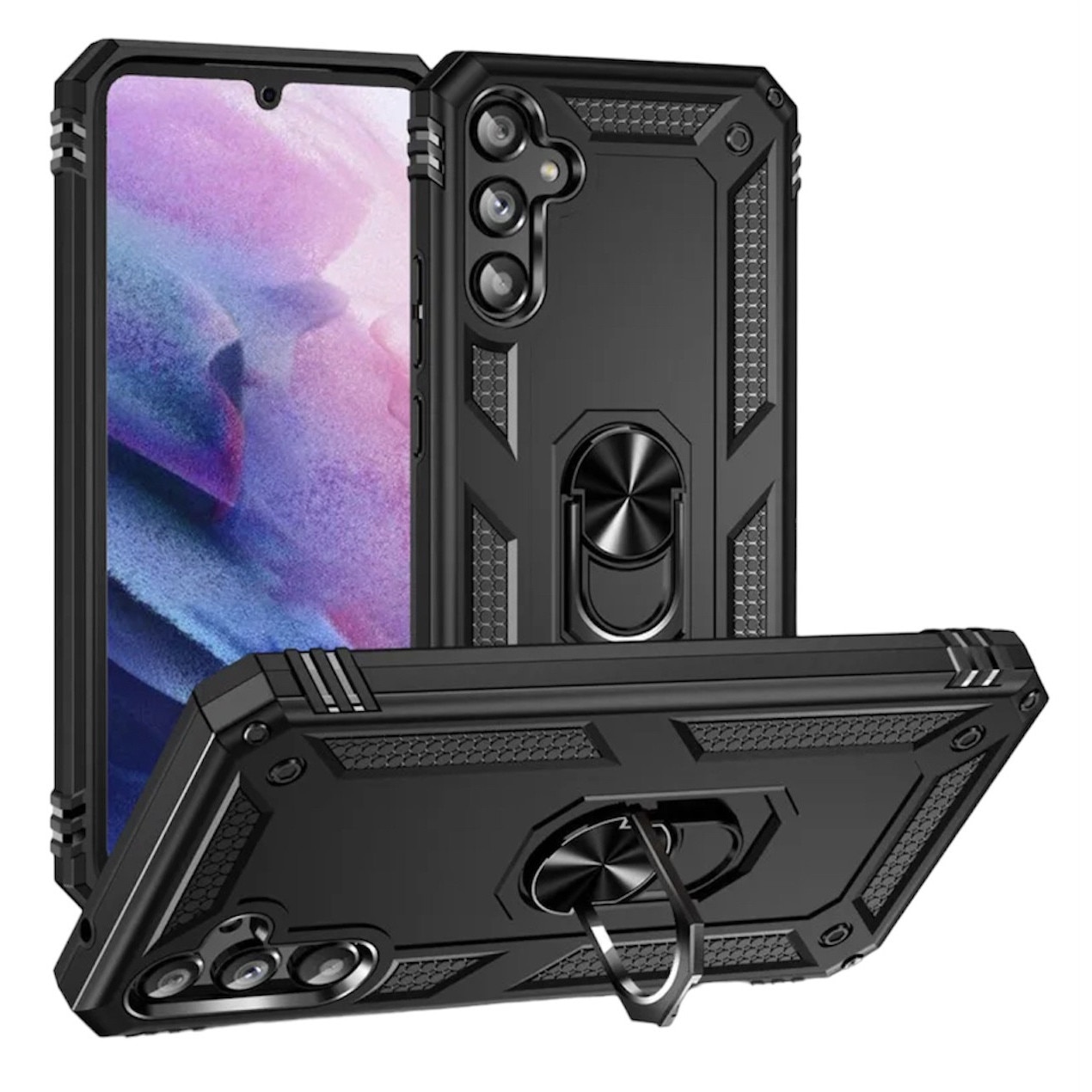 Husa antisoc Hybrid armor cu inel si placuta metalica, compatibila cu Samsung Galaxy A14 4G / Negru