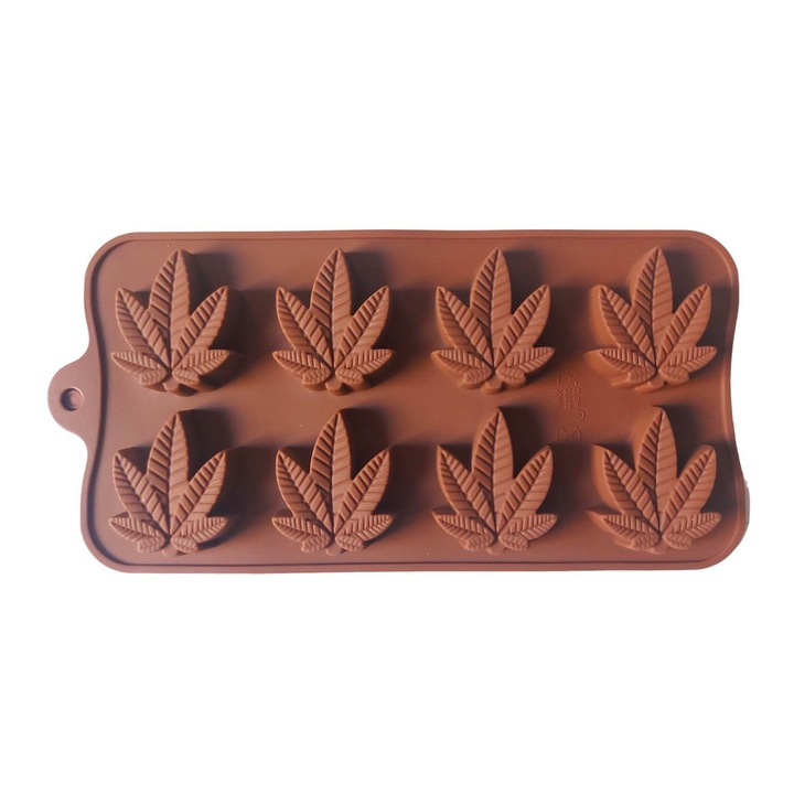 Forma silicon pentru ciocolata in forma de frunza, 8 cavitati, Maro, 21 cm, 462COF